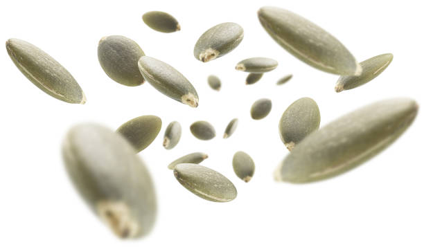 istock Peeled pumpkin seeds levitate on a white background 1284719432