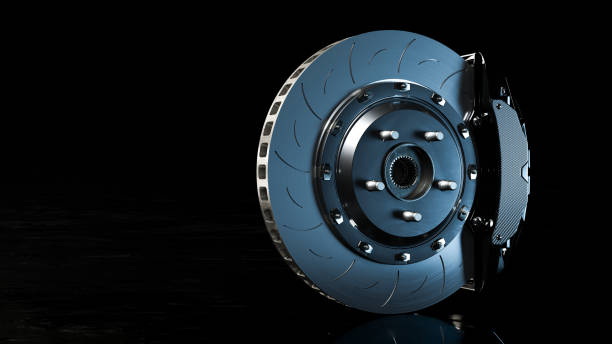 Brake Disc and Black Calliper. Brake Disc and Black Calliper on Looks like the road is wet and dark background. Brake from Racing car with Clipping path and copy space for your text. 3D Render. brake stock pictures, royalty-free photos & images