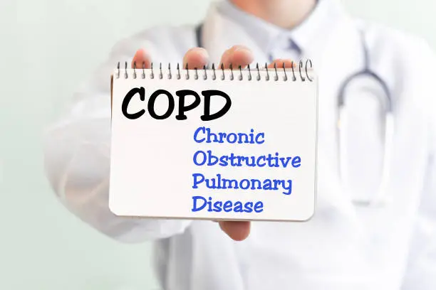 Photo of Doctor holding a card with text COPD Chronic Obstructive Pulmonary Disease medical concept