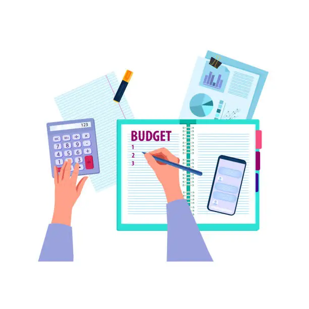Vector illustration of Family budget planning vector finance illustration with hands, calculator, notebook, documents, graphs, smartphone.