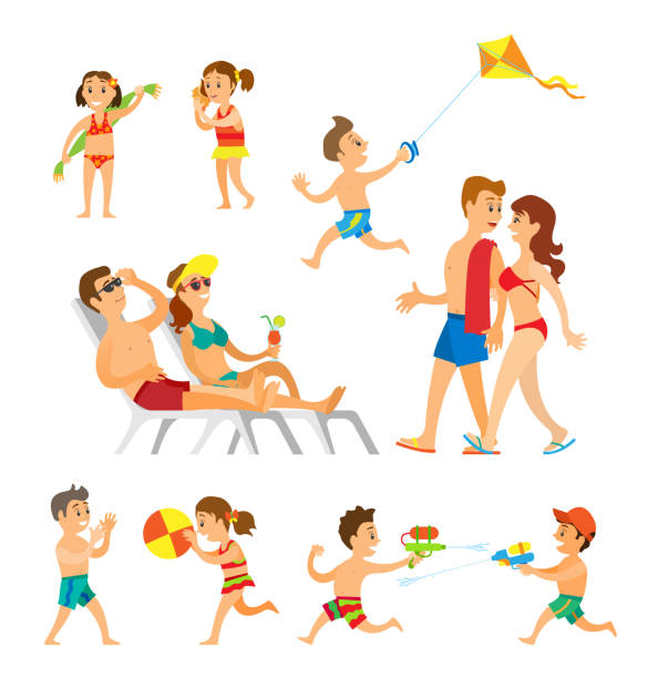 People on Beach, Parents and Children Playing Children playing at beach vector, woman and man adults walking holding towel. Kids with volleyball ball, girl with seashell, boy with kite and water fight baby gun stock illustrations