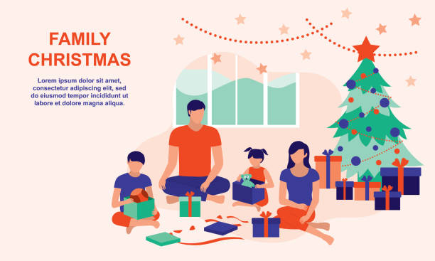 Family Celebrates Christmas Together At Home. Christmas And Family Moments Concept. Vector Flat Cartoon Illustration. Father, Mother, Son, And Daughter Sitting In The Living Room Opening Present Together. diverse family christmas stock illustrations