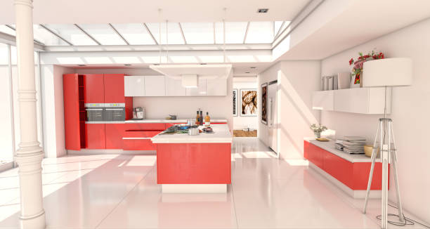 istock Industrial style domestic kitchen with skylight in red and white 1284727528