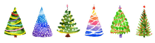 ręcznie rysowane akwarela doodle zestaw choinki. kolorowe drzewa wakacyjne. nowy rok symbol xmas. - christmas design christmas tree paintings stock illustrations