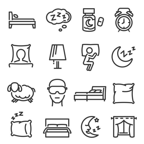 Sleep, dream, bed linear icons set isolated on white. Nap, eye mask, pillow, moon outline pictograms. Sleep, dream, bed linear icons set isolated on white. Nap, eye mask, pillow, moon outline pictograms collection. Sleeping pills, alarm clock, sheep, insomnia vector elements for infographic, web. lying on side stock illustrations