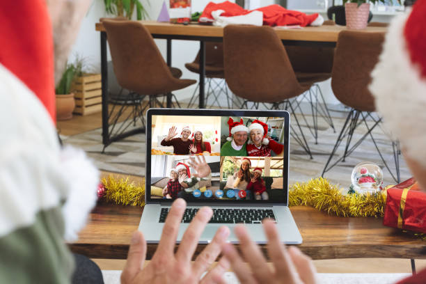 istock Caucasian couple at christmas on a video call 1284730492