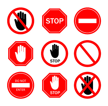 Stop sign. Icon of ban to enter. Red symbol with stop and hand for restricted of traffic. Logo of danger, forbid and attention. Signal for caution, safety on road. Set of isolated street signs. Vector
