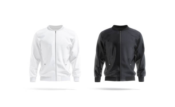 Blank black and white bomber jacket mock up, front view Blank black and white bomber jacket mock up, front view, 3d rendering. Empty sport jacket or casual sweater with zip mockup, isolated. Clear satin windcheater with long sleeve template. Jacket stock pictures, royalty-free photos & images