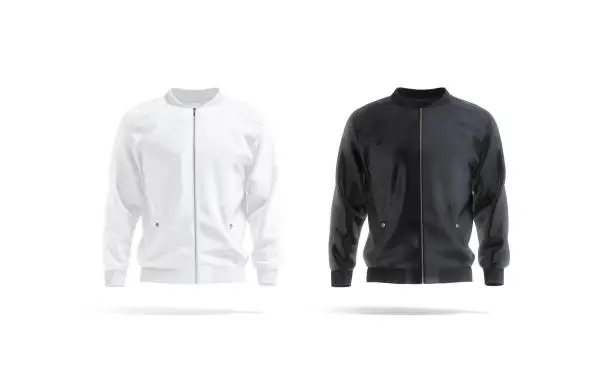 Blank black and white bomber jacket mock up, front view, 3d rendering. Empty sport jacket or casual sweater with zip mockup, isolated. Clear satin windcheater with long sleeve template.