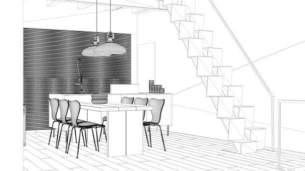 istock Blueprint project draft, minimalist kitchen with modern staircase, island, table with chairs, pendant lamps, parquet floor. Mezzanine with exposed beams, showcase interior design 1284733425
