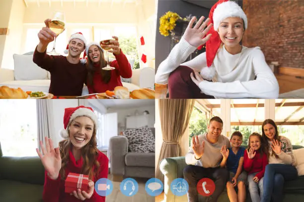 Four screens showing people in their homes wearing santa hats having video chat interacting with friends, smiling, waving, making a toast with wine glasses. social distancing during covid 19 pandemic at christmas time.