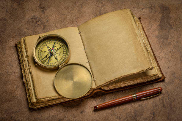 istock antique leather-bound journal with brass compass  on rustic wood 1284736802