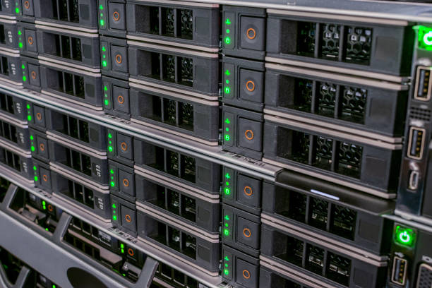 istock Many hard drives are installed in the storage server slots. Hosting of web services is available in the server room of the data center. 1284738114