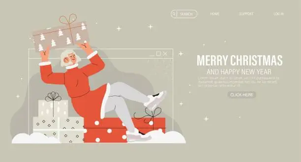 Vector illustration of Christmas or new year virtual present or gift delivery service. Send gift online. People sharing presents on the internet. Winter holiday video or conference call. Distant xmas celebration.