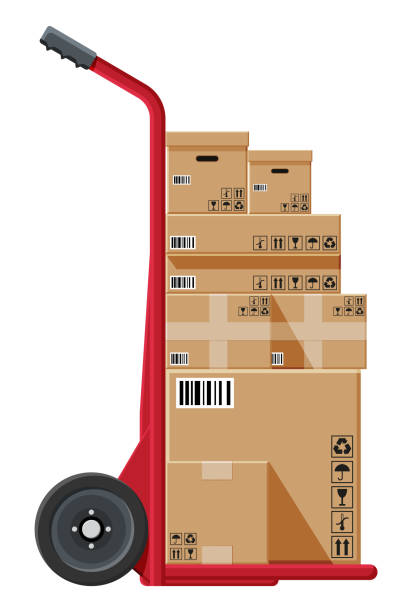 ilustraciones, imágenes clip art, dibujos animados e iconos de stock de barrow lleno de cajas aisladas en blanco. - carretilla industrial