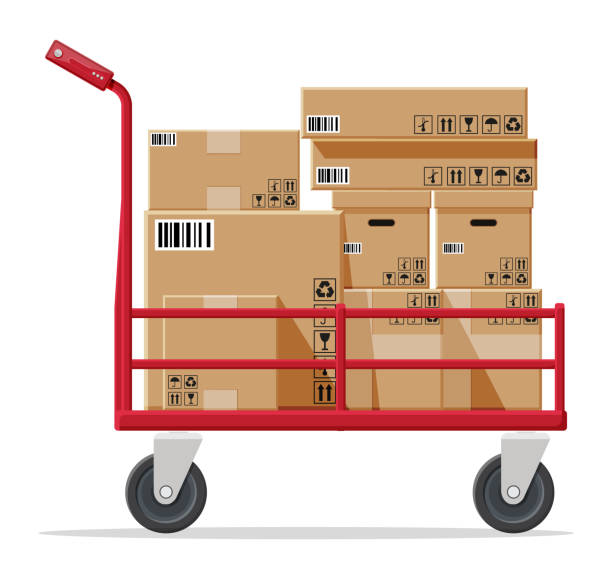Barrow full of boxes isolated on white. Barrow full of boxes isolated on white. Metallic wheeled trolley with cardboard box. Delivery service and logistics. Hand truck dolly icon. Transportation warehouse. Cartoon flat vector illustration mover delivery person box hand truck stock illustrations