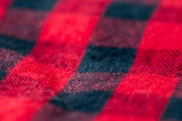 istock Red and black plaid blanket close up with selective focus 1284741988
