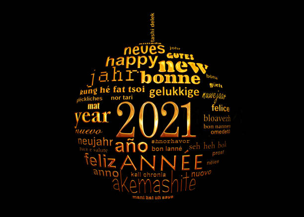 2021 new year black and gold multilingual text word cloud greeting card in the shape of a christmas ball 2021 new year black and gold multilingual text word cloud greeting card in the shape of a christmas ball the black ball stock pictures, royalty-free photos & images