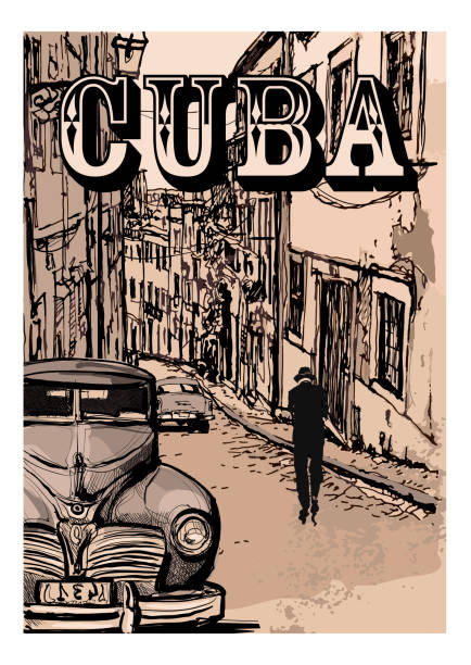 illustrazioni stock, clip art, cartoni animati e icone di tendenza di vintage classica auto americana in una strada di l'avana, cuba - cuban ethnicity illustrations