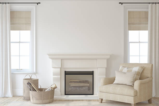 istock Interior with fireplace. Farmhouse style. Interior mockup. 3d render. 1284744527