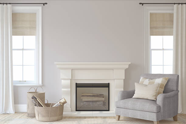 istock Interior with fireplace. Farmhouse style. Interior mockup. 3d render. 1284744545
