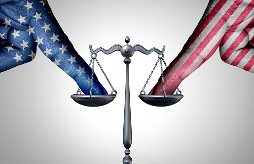 United States legal battle and american law as a tip the scales of justice concept with a the finger of people influencing the USA legal system for an legislative advantage with 3D illustration elements.
