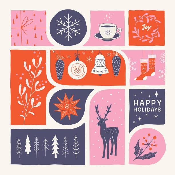 счастливые праздники рука обращается поздравительная открытка - poinsettia christmas wreath flower stock illustrations