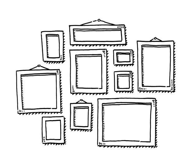 Group Of Blank Picture Frames Drawing Hand-drawn vector drawing of a Group Of Blank Picture Frames. Black-and-White sketch on a transparent background (.eps-file). Included files are EPS (v10) and Hi-Res JPG. exhibition illustrations stock illustrations