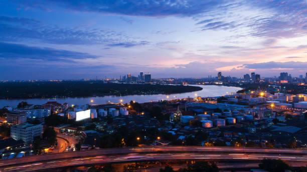 istock Panoramic aerial view of Bangkok skyline at twilight. 1284747023