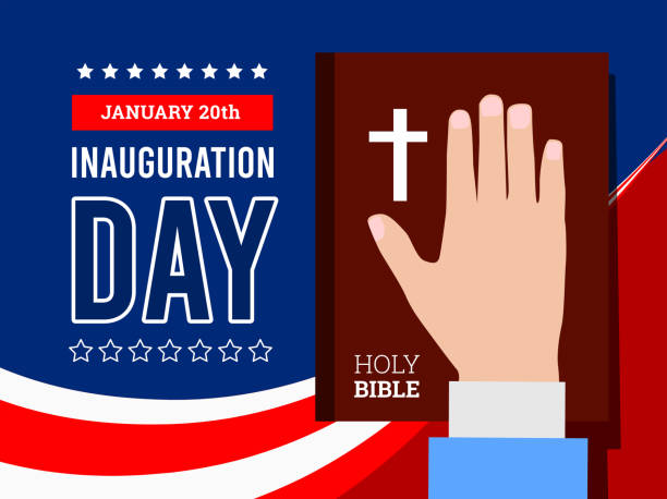 illustrazioni stock, clip art, cartoni animati e icone di tendenza di inaugurazione del presidente degli stati uniti, 20 gennaio. mano sullo sfondo della bibbia. giuramento del presidente. illustrazione vettoriale - bible usa voting american flag