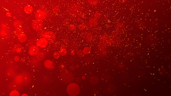 partículas de oro de fondo abstracto con brillantes partículas de polvo flotante de oro Flare Bokeh estrella sobre fondo rojo. Futurista brillante en el espacio. photo