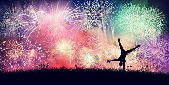Happy man celebrate firework party on new years eve. 3D illustration