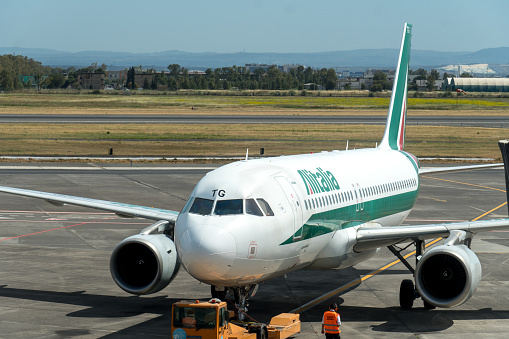 Catania, Italy - May 11, 2019: Airplane from Alitalia, flag carrier of Italy