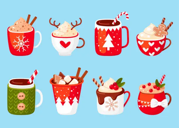 Vector illustration of Christmas hot drinks festive vector icon set. Mulled wine, tea, coffee, chocolate, eggnogg, cocktail.