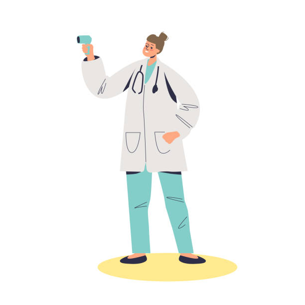 Female medical doctor holding non contact infrared thermometer for body temperature Female medical doctor holding non contact infrared thermometer for body temperature measurement. Cartoon medicine worker with modern equipment. Flat vector illustration non gender figure stock illustrations