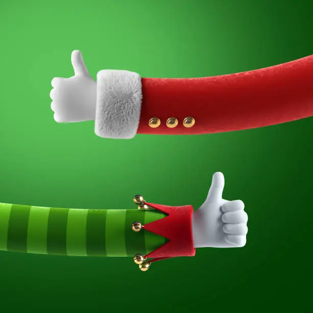 3d render, Christmas hand like gestures, thumb up clip art isolated on green background, Santa Claus and elf cartoon characters