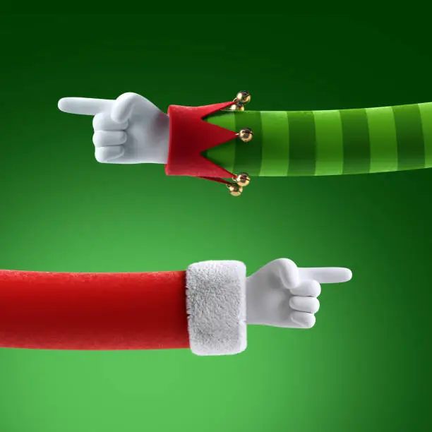 3d render, Christmas hand gestures clip art isolated on green background, Santa Claus and elf cartoon characters. Finger shows direction