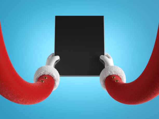 istock 3d render, Santa Claus hands in red sleeves with white fur hold black mobile device, blank board, wireless gadget. Funny cartoon character. Christmas clip art isolated on blue background 1284751139