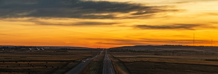 Sunrise over the Trans-Canada Highway (Hwy 1) looking East towards Calgary