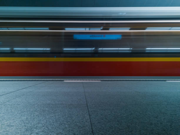 istock Light stripes of driving metro in subway 1284754289