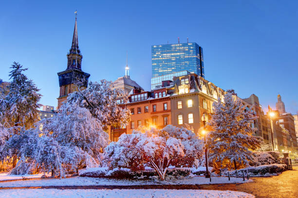 snow coberto boston public garden - boston winter snow massachusetts - fotografias e filmes do acervo