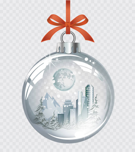 istock Vector realistic transparent silver Christmas balls with winter city, snow and moon 1284755320