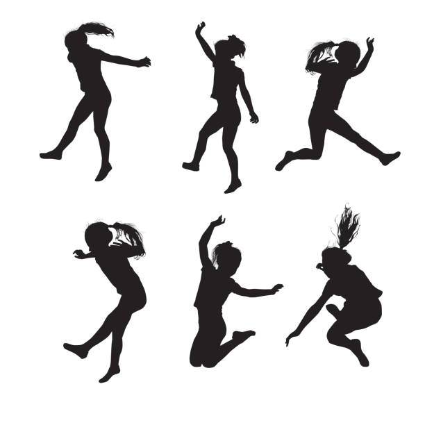 Six silhouettes of the jumping girl Six silhouettes of carefree jumping girl in the vector image on a white background black and white sports silhouette stock illustrations