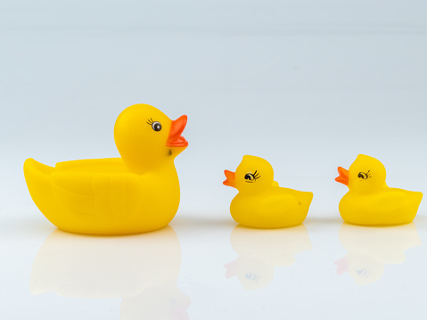 Yellow Rubber Ducks Mom and Childs Figures on White Background