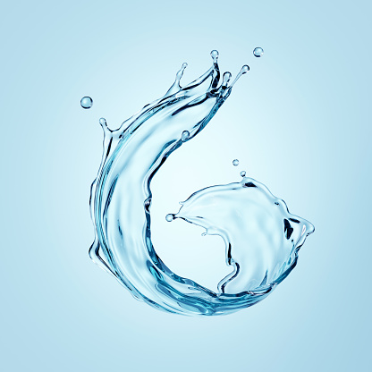3d render, water splash, translucent liquid, splashing wave clip art, isolated on blue background.