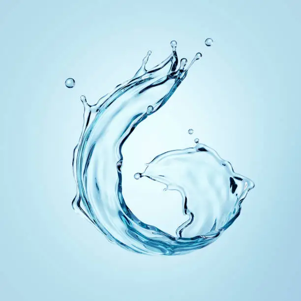 3d render, water splash, translucent liquid, splashing wave clip art, isolated on blue background.
