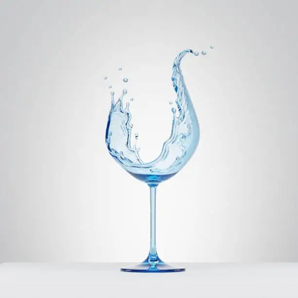 3d render, water splash in the shape of wineglass, pure liquid splashing clip art isolated on white background