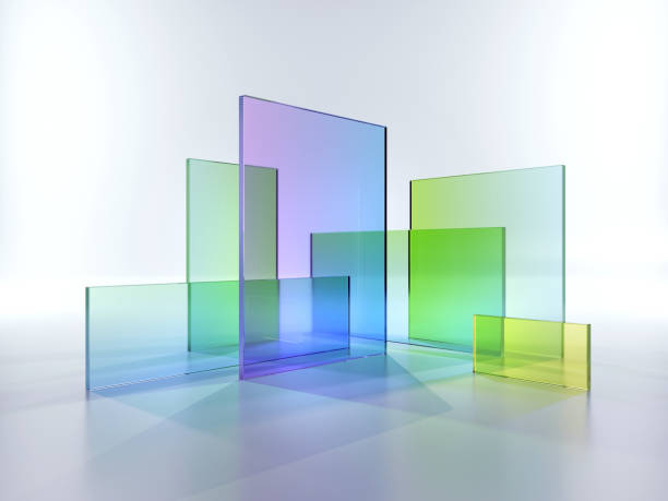 rendu 3d, fond géométrique abstrait, verre translucide avec dégradé coloré, formes carrées simples - translucent photos et images de collection