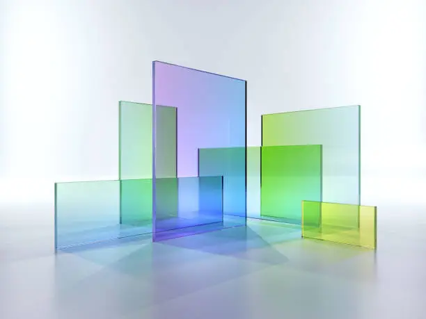 Photo of 3d render, abstract geometric background, translucent glass with colorful gradient, simple square shapes