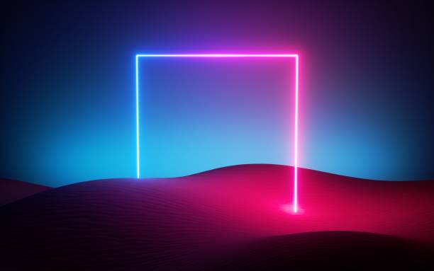 istock 3d render, abstract modern minimal neon background. Glowing square frame in the middle of the empty desert. Futuristic cover mockup with copy space. 1284760217